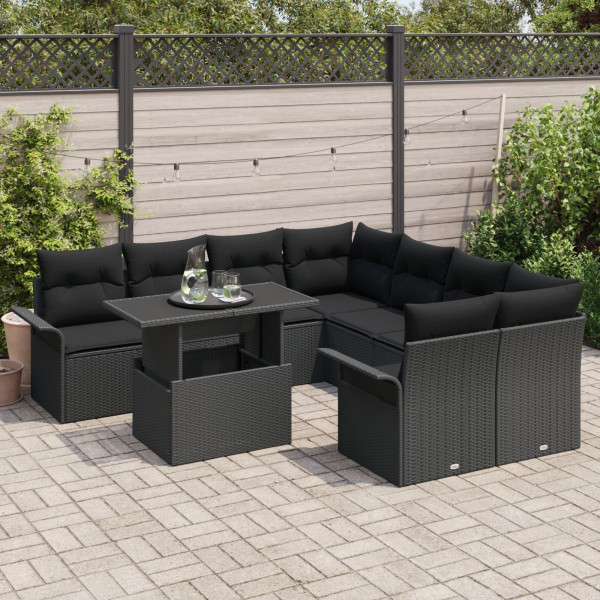 Conjunto de Sofá para Jardim 9 Peças com Almofadas Preto em Rattan Sintético M 3