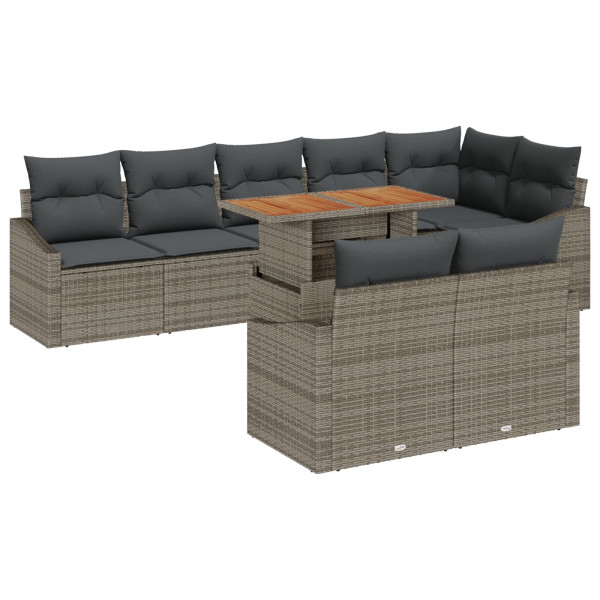 Juego de Comedor de Jardín de 9 Piezas con Cojines Gris Poliratán Acacia M 2