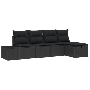 Conjunto de Sofá de Jardim de 5 Peças com Almofadas Preto Rattan Poliéster H