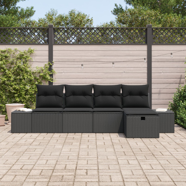 Conjunto de Sofá de Jardim de 5 Peças com Almofadas Preto Rattan Poliéster M 3