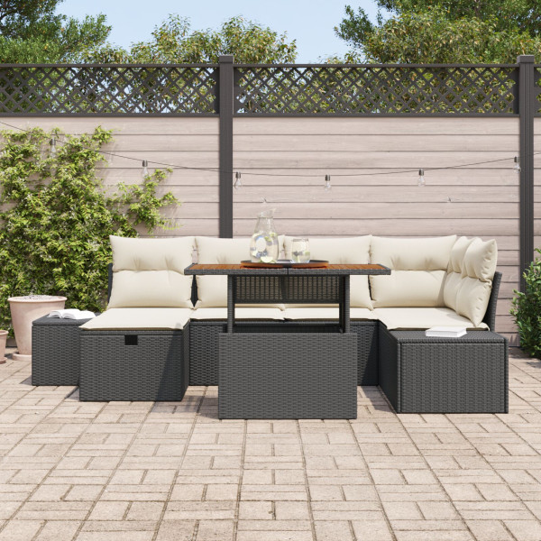 Conjunto de Sofá de 7 Peças para Jardim com Almofadas Preto Rattan Sintético M 3