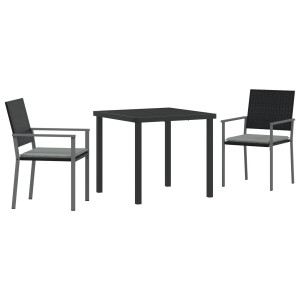 Conjunto de Jantar de Jardim 3 Peças com Almofadas Preto Rattan Poliéster H