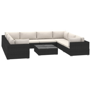 Set de muebles de jardín 9 pzas y cojines ratán sintético negro H