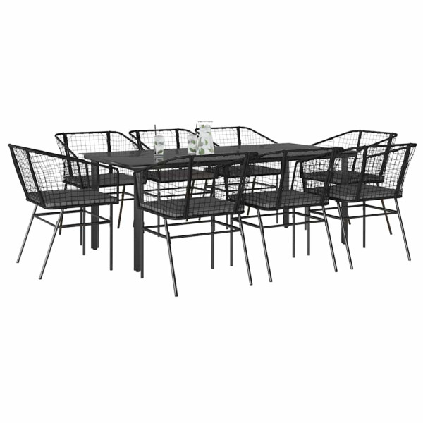 Set de comedor jardín 9 piezas cojines ratán polivinílico negro D