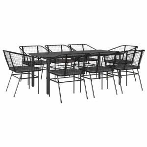 Set de comedor jardín 9 piezas cojines ratán polivinílico negro H