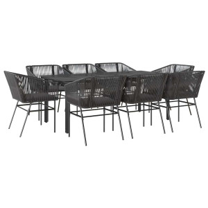 Conjunto de jantar jardim 9 peças almofadas vidro vime PE preto H
