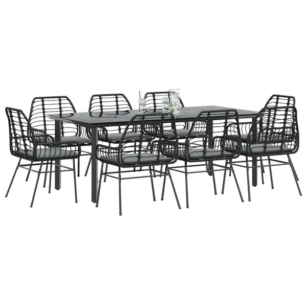 Set de comedor jardín 9 piezas cojines ratán polivinílico negro D