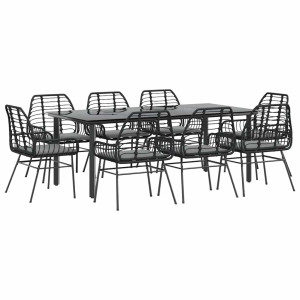 Conjunto de jantar jardim 9 peças almofadas vidro vime PE preto H