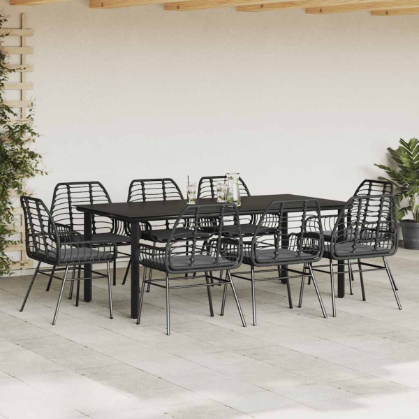 Conjunto de jantar jardim 9 peças almofadas vidro vime PE preto M 3