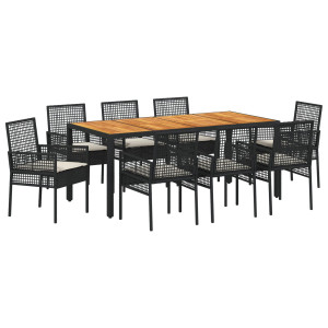 Conjunto de Comedor de Jardín  de 9 Piezas con Cojines Negros de Rattan Sintético H