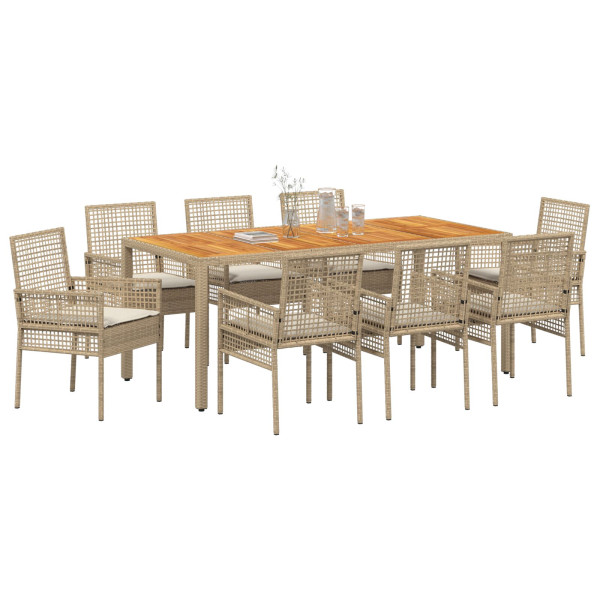 Conjunto de Comedor de Jardín  de 9 Piezas con Cojines Beige de Ratán de Polietileno M 3
