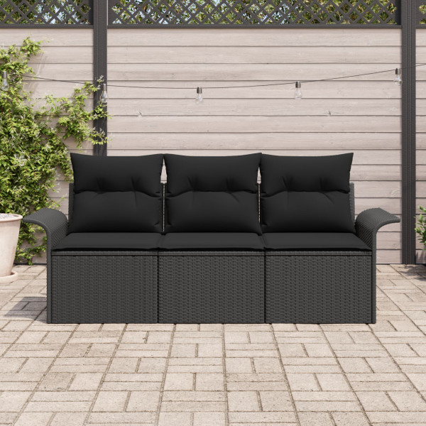 Sofá de Jardim 3 Peças com Almofadas - Rattan Preto M 3
