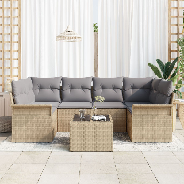 Conjunto de Sofás de Jardim de 7 Peças com Almofadas Bege Poliéster Rattan M 3