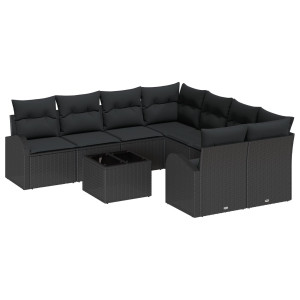 Conjunto de Sofá de Jardim 9 Peças com Almofadas Preto Polirattan H