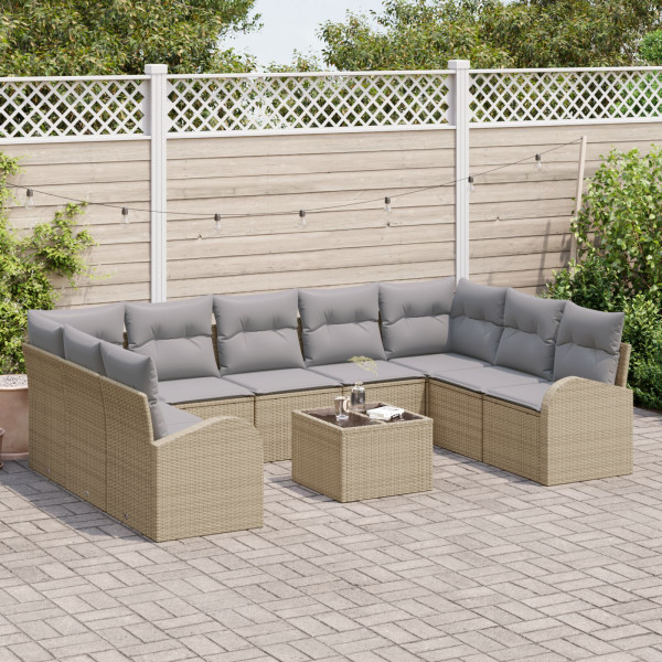 Conjunto de Sofá de Jardim de 10 Peças com Almofadas de Rattan Poliéster Preto M 3