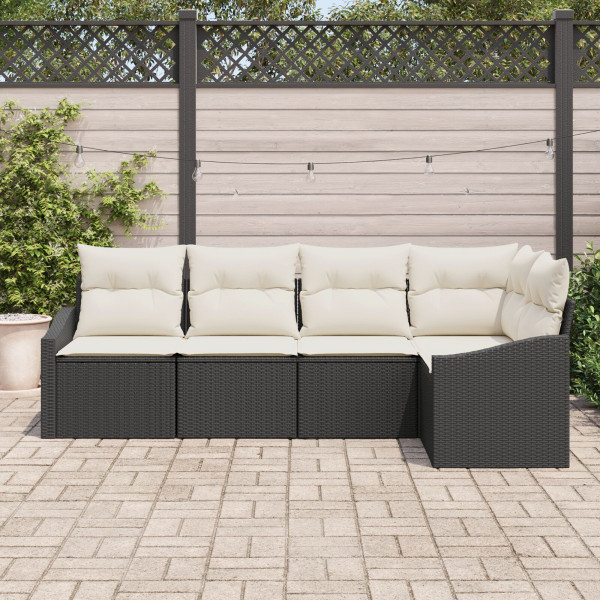 Conjunto de Sofá de Jardim de 5 Peças com Almofadas Preto de Rattan Poliéster M 3