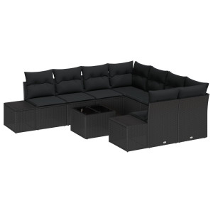 Conjunto de Sofá de Jardim com 9 Peças e Almofadas Preto em Rattan Sintético H
