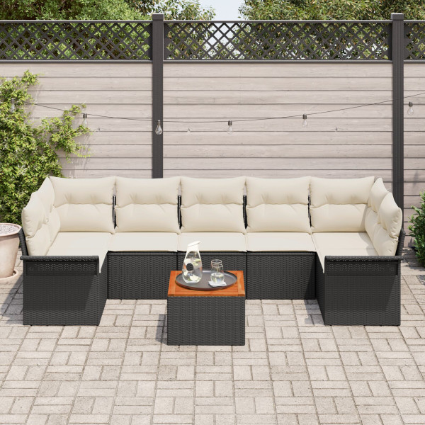 Conjunto de Sofá de Jardim de 8 Peças com Almofadas Preto Rattan Sintético Acácia M 3