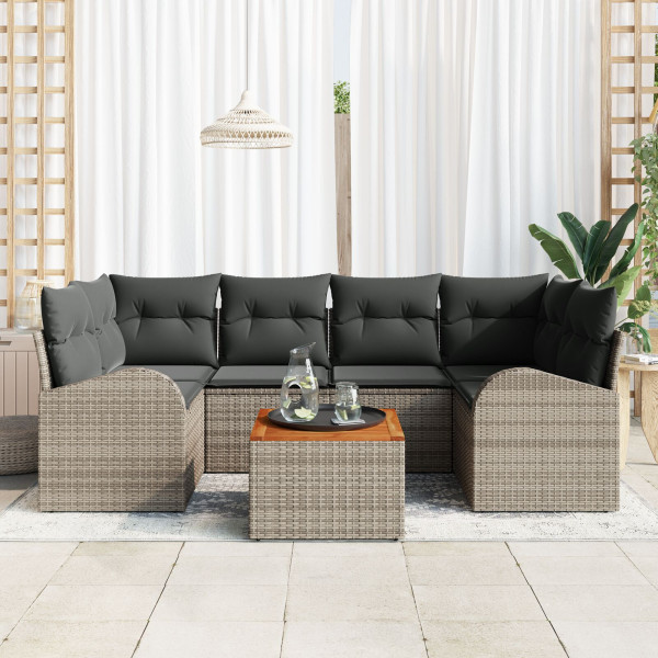 Conjunto de Sofá de Jardim de 7 Peças com Almofadas Cinza Polyrattan Acácio M 3