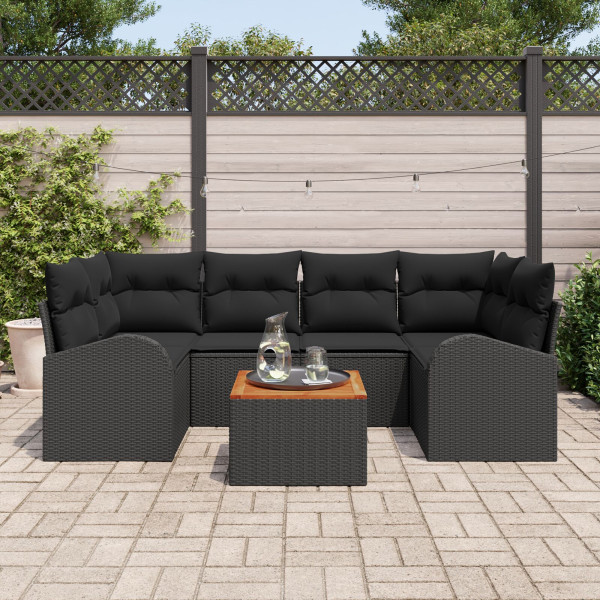 Conjunto de Sofá de Jardim de 7 Peças com Almofadas Preto Rattan Poliéster M 3