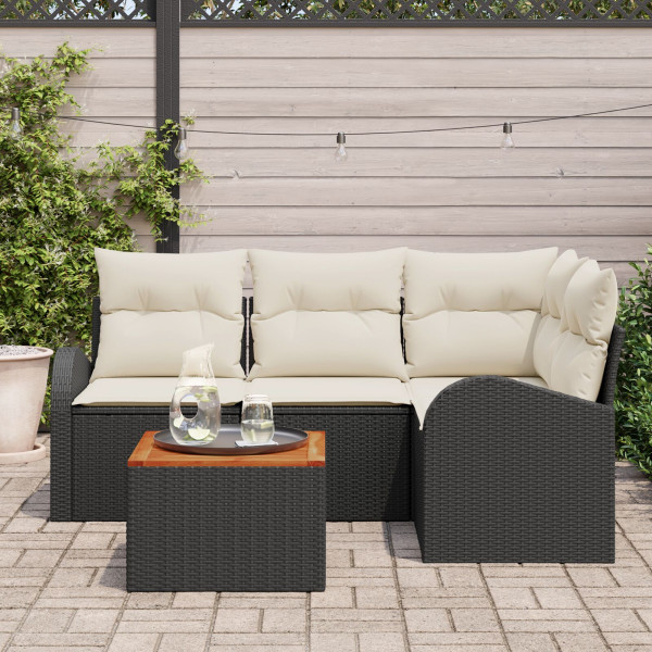 Conjunto de Sofá de 5 Peças para Jardim com Almofadas Preto Rattan Poliéster Acácia M 3