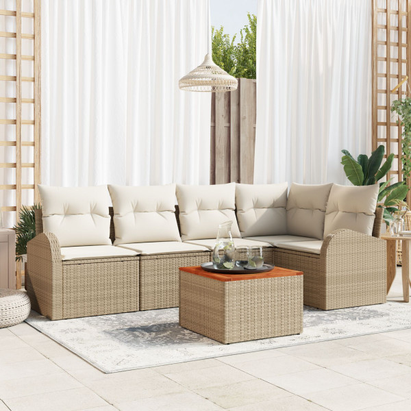 Conjunto de Sofás de Jardín  de 6 Piezas con Cojines Beige Poliratán Acacia D