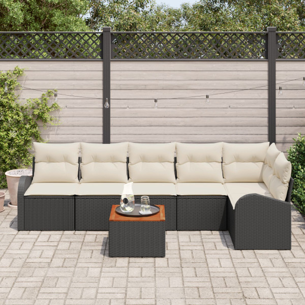 Conjunto de Sofá de Jardim de 7 Peças com Almofadas Preto Rattan Poliéster Acácia M 3