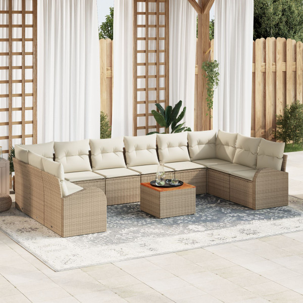 Conjunto de Sofá de Jardín de 11 Piezas con Cojines Beige Rattan Acacia D