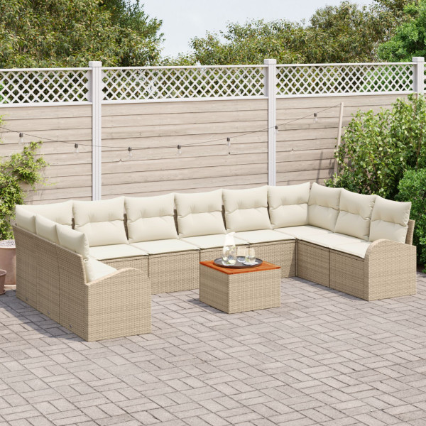 Conjunto de Sofá de Jardín de 11 Piezas con Cojines Beige Rattan Acacia M 3