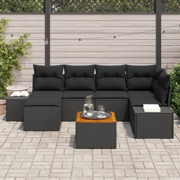 Conjunto de Sofá de Jardim de 7 Peças com Almofadas Pretas em Rattan Polyrattan Acácia M 3