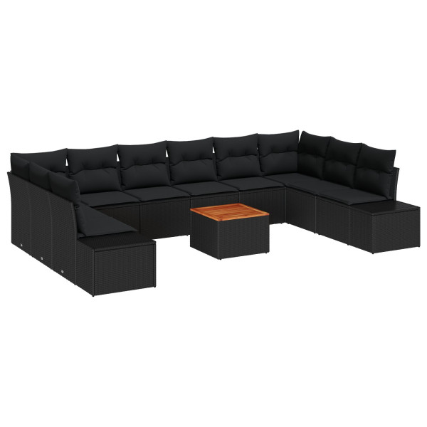Conjunto de Sofá de Jardim com 11 Peças e Almofadas de Rattan Preto e Acácia. M 2