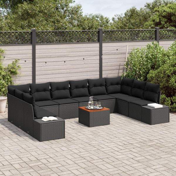 Conjunto de Sofá de Jardim com 11 Peças e Almofadas de Rattan Preto e Acácia. M 3