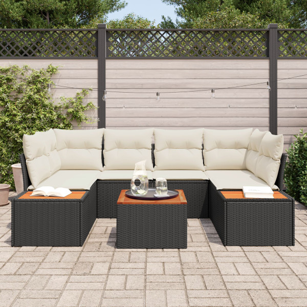 Conjunto de Sofá de Jardim com 7 Peças . Almofadas. Preto. Rattan Sintético e Acácia M 3
