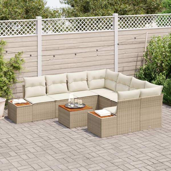 Conjunto de Sofá de Jardim 9 Peças com Almofadas Bege em Rattan Sintético Acácia M 3