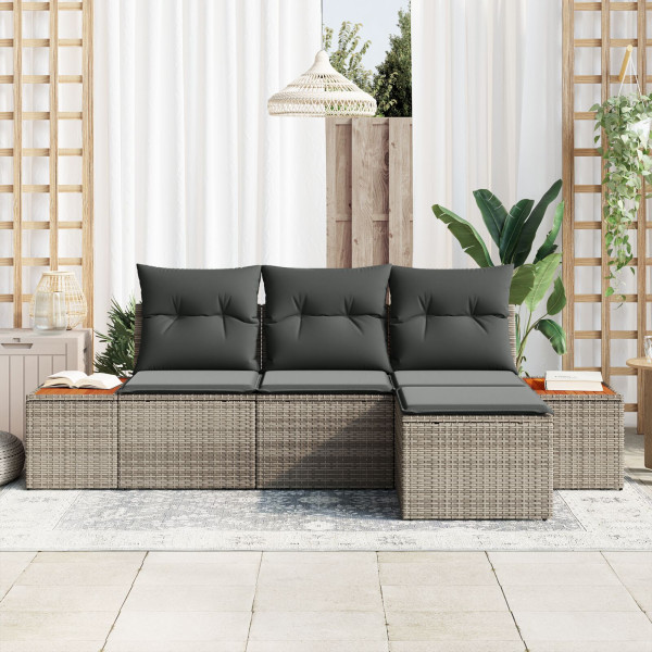 Conjunto de Sofá de Jardim com Almofadas Cinza Rattan Poliéster Acácia M 3