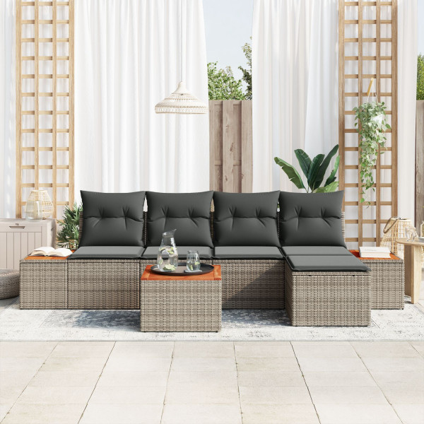 Conjunto de Sofá de Jardim de 6 Peças com Almofadas Cinza de Polyrattan Acácia M 3