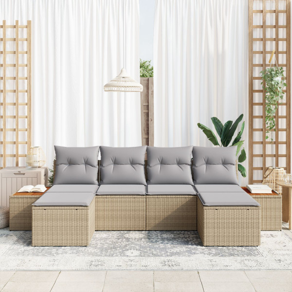 Conjunto de Sofá Jardim 6 Peças com Almofadas Bege Vime PE Acácia M 3