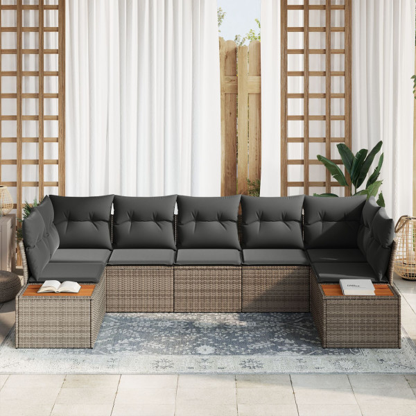 Conjunto de Sofá de Jardín  de 7 Piezas con Cojines Gris Ratán Acacia M 3