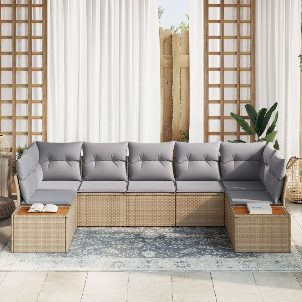 Conjunto de Sofá de Jardín  de 7 Piezas con Cojines Beige Poliratán M 3