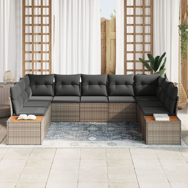Conjunto de Sofás de Jardim com 9 Peças e Almofadas em Rattan Cinza e Acácia. M 3
