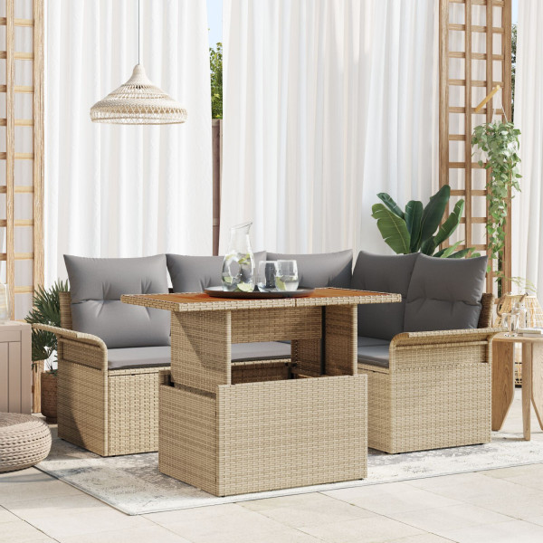 Conjunto de Comedor de Jardín de 5 Piezas con Cojines Beige Ratán Poliéster Acacia D