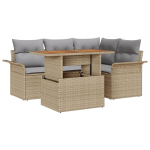 Conjunto de jantar de jardim com 5 peças e almofadas bege em rattan sintético e acácia. H