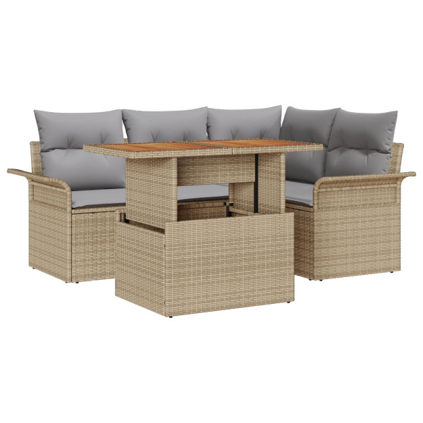 Conjunto de jantar de jardim com 5 peças e almofadas bege em rattan sintético e acácia. M 2