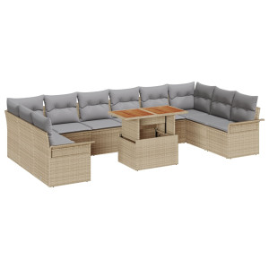 Conjunto de Comedor de Jardín de 11 Piezas con Cojines Beige Poli Ratán Acacia H