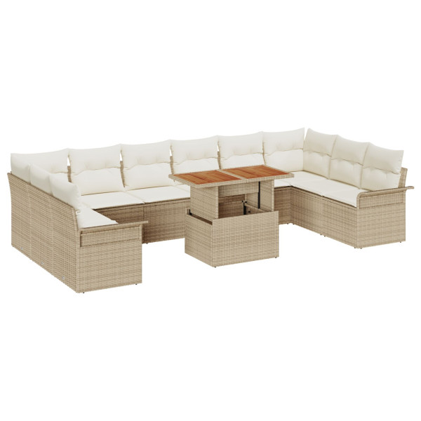 Conjunto de Comedor de Jardín de 11 Piezas con Cojines Ratán Beige Acacia M 2