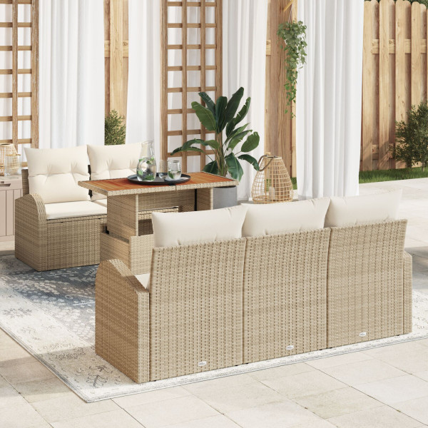 Conjunto de Comedor de Jardín de 6 Piezas con Cojines Beige Ratán Poli Acacia D