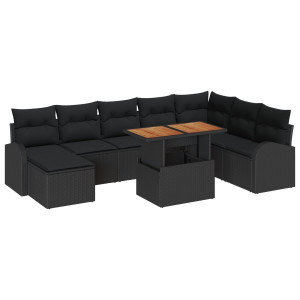 Conjunto de Jantar de Jardim 9 Peças com Almofadas Preto de Rattan Poliéster de Acácia H