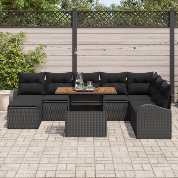 Conjunto de Jantar de Jardim 9 Peças com Almofadas Preto de Rattan Poliéster de Acácia M 3