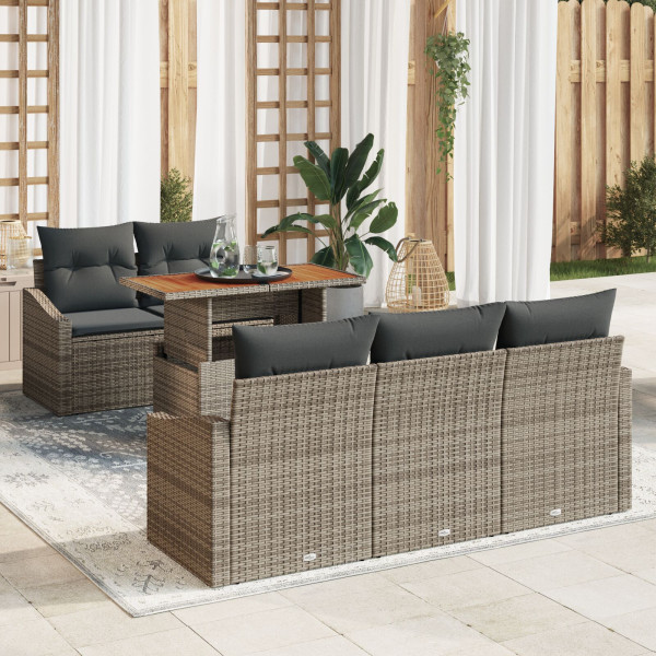 Conjunto de Comedor de Jardín de 6 Piezas con Cojines Gris Poliratán Acacia D