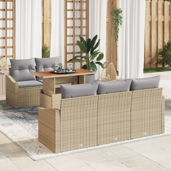 Conjunto de comedor de jardín de 6 piezas con cojines Beige Ratán de poliéster Acacia D